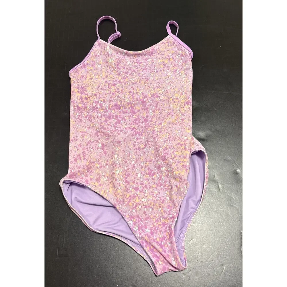 Athleta Girl One-Piece Swimsuit Pink Lavender Splatter Speckled Open Back XL 14